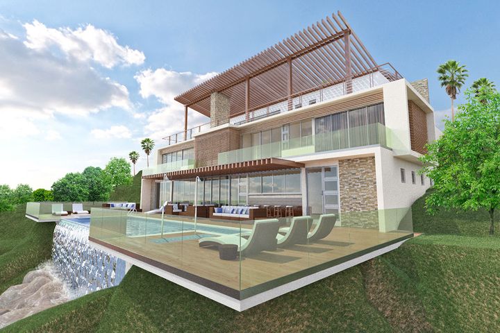 Hillside villa with cantilevered terraces and a pool above garden level