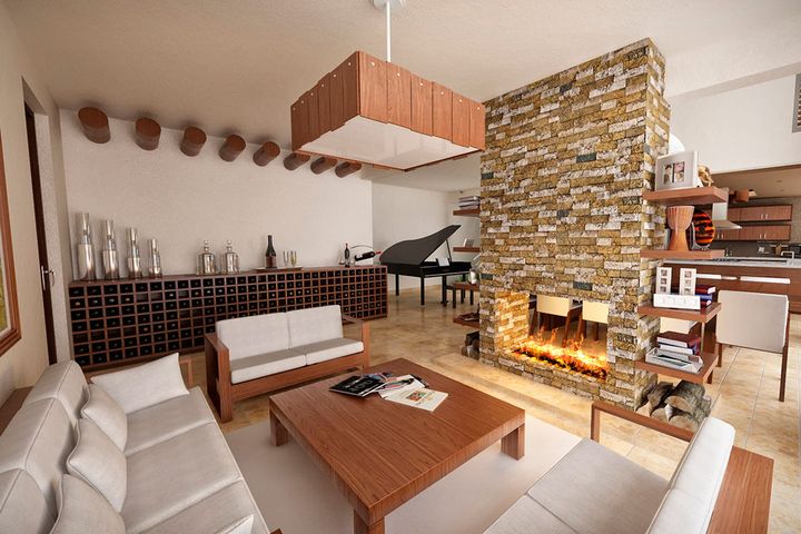 Living room with a stone fireplace, a wine cellar, and a grand piano in the background