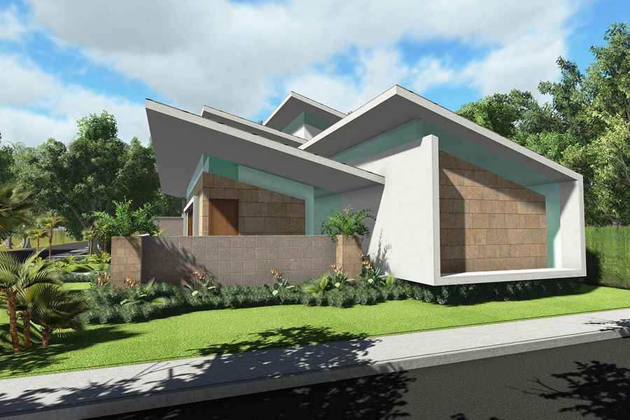 Single-story house with overlapping pitched roofs and stone walls